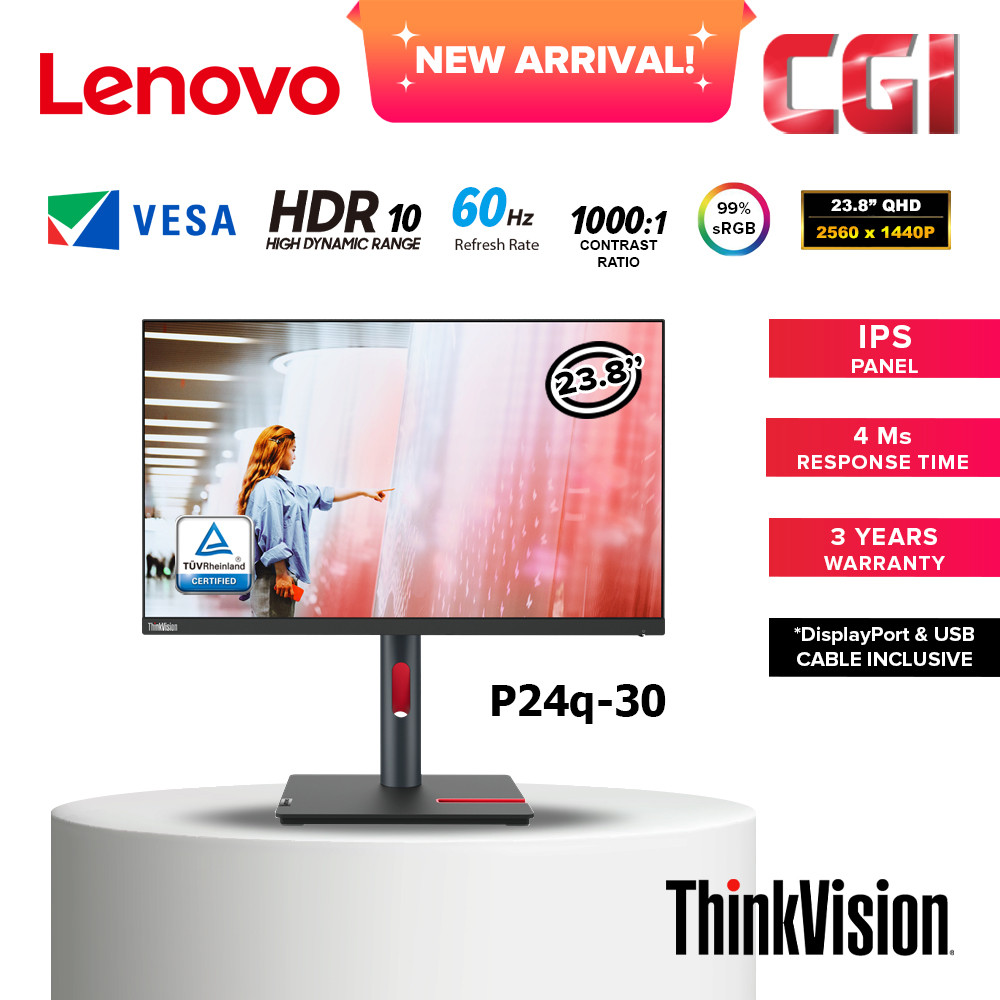 Lenovo 23.8" Thinkvision P24Q-30 IPS QHD HDR10 60Hz 4ms Daisy-Chain Ergonomic Near-Edgeless Eye Comfort Monitor