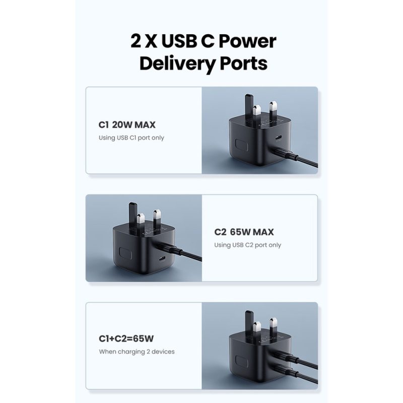 UGREEN (CD216) 70868 PD 65W USB C 2 Ports Gan Tech Charger - Black
