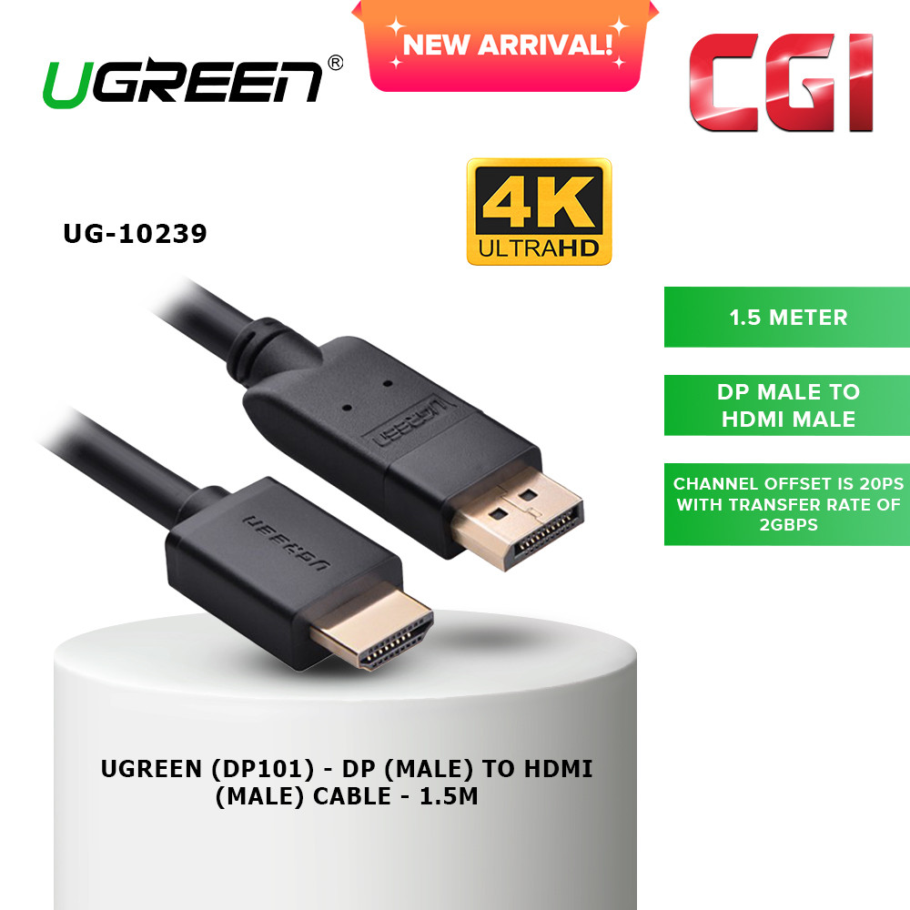 Ugreen (DP101) 10239 DP(Male) to HDMI (Male) Cable (1.5m)
