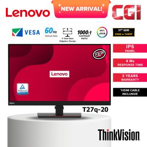 Lenovo 27" Thinkvision T27Q-20 IPS QHD 60Hz 4ms Ergonomic Eye Comfort Near-Edgeless Monitor - 61EDGAR2WW