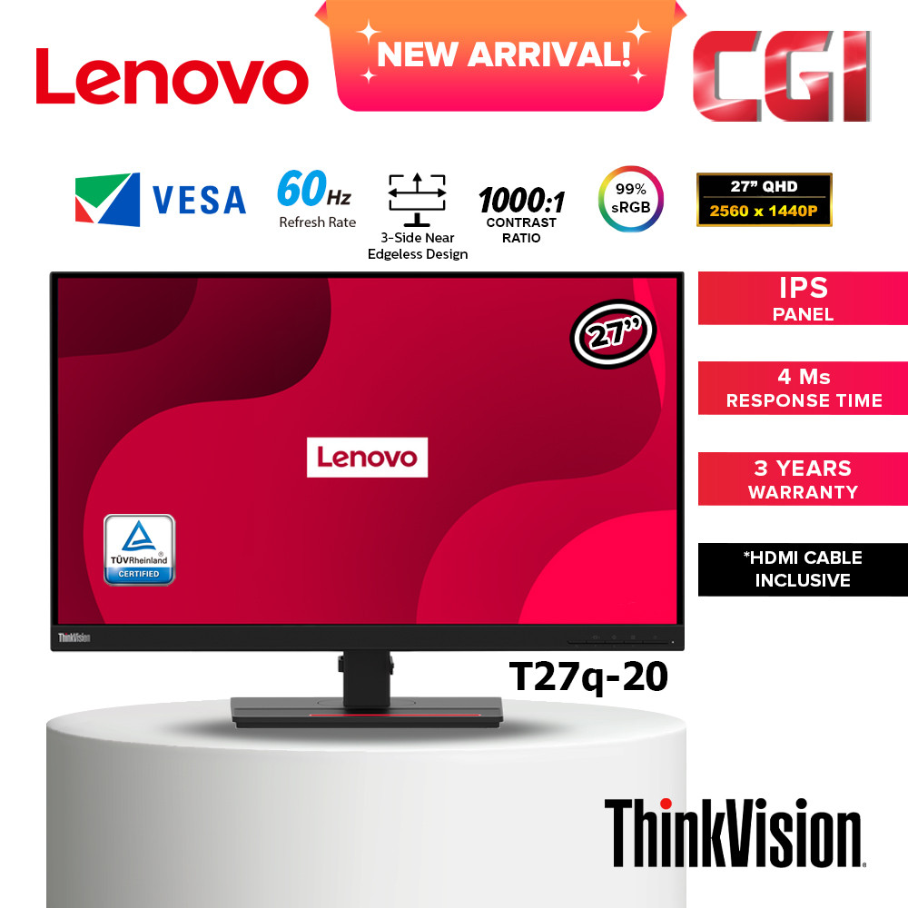 Lenovo 27" Thinkvision T27Q-20 IPS QHD 60Hz 4ms Ergonomic Eye Comfort Near-Edgeless Monitor - 61EDGAR2WW