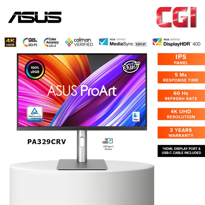 Asus 32" Proart PA329CRV IPS 4K HDR 60Hz 5ms USB-C Daisy Chain Eye Care Ergonomic Monitor