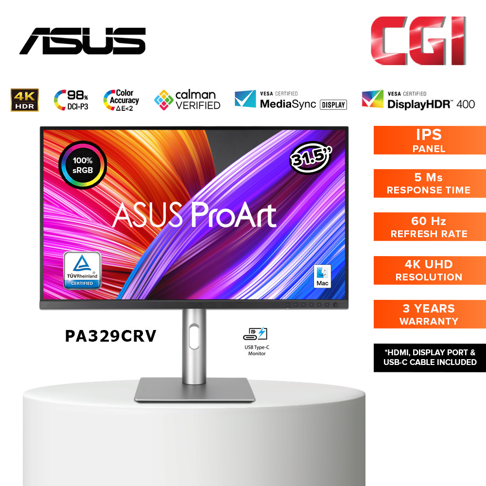 Asus 32" Proart PA329CRV IPS 4K HDR 60Hz 5ms USB-C Daisy Chain Eye Care Ergonomic Monitor