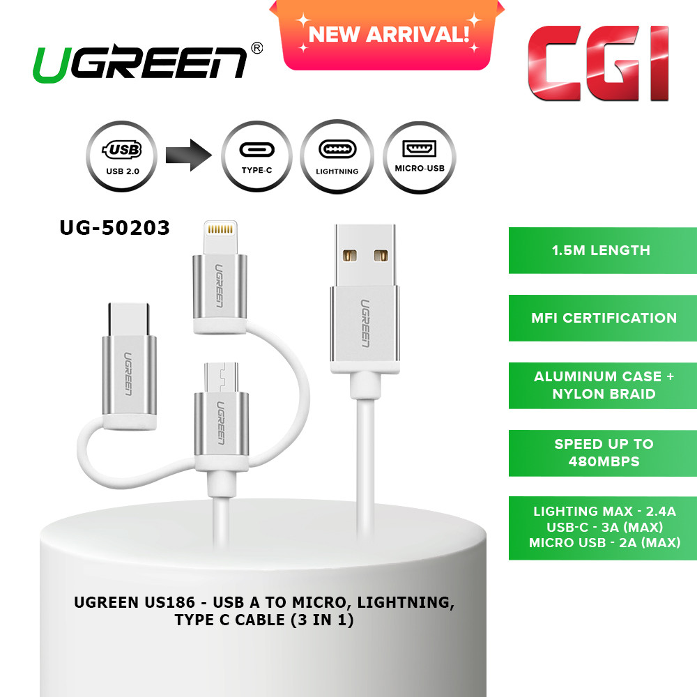 Ugreen (US186) 50203 3-in-1 USB A to Micro /LIghting /Type C Cable