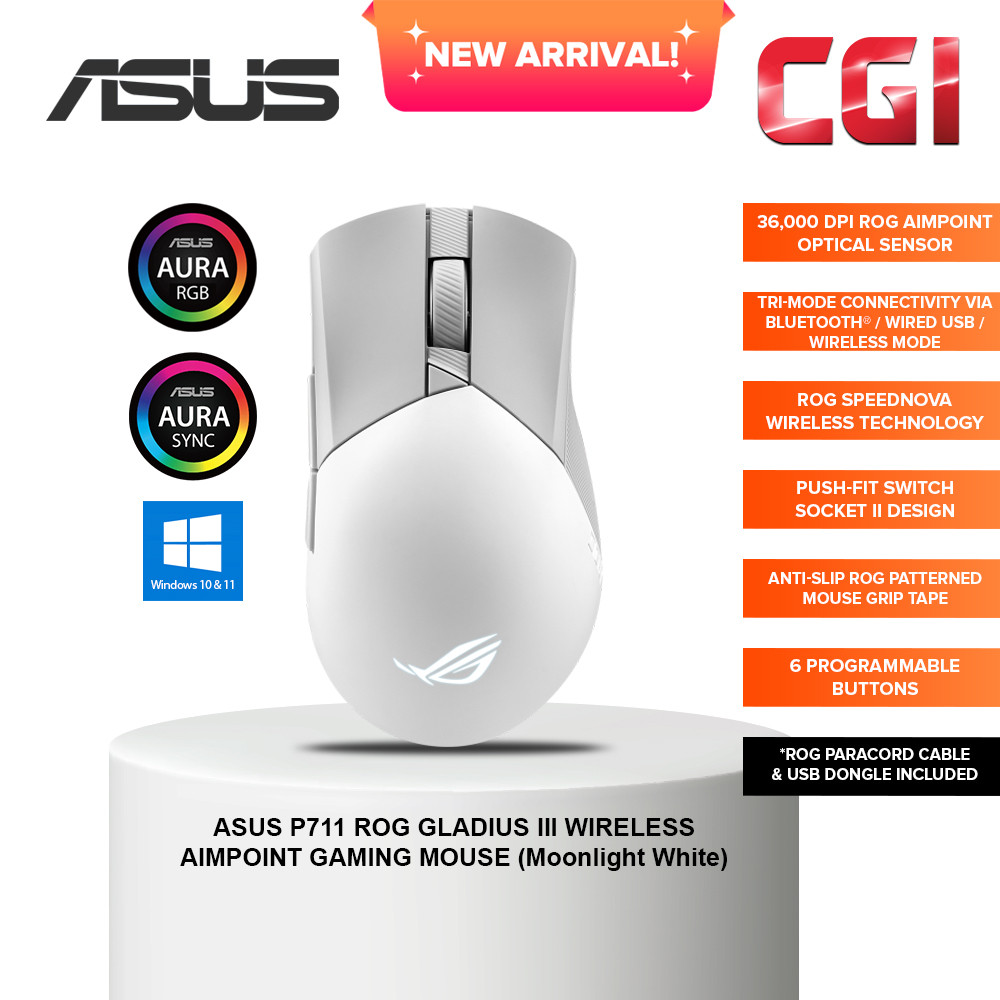 Asus P711 ROG Gladius III Wireless AimPoint 36,000DPI SpeedNova Tri-mode Lightweight Gaming Mouse - Moonlight White