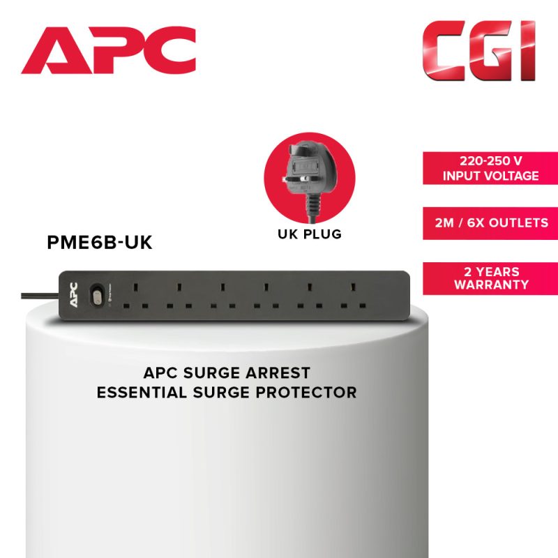 APC SurgeArrest Essential 2 Metre 250V 6 Outlets Surge Protector - PME6B-UK