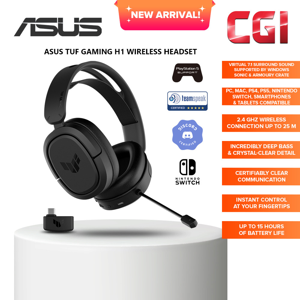 Asus TUF Gaming H1 2.4GHz 7.1 Surround Sound USB-C Dongle Lightweight Wireless Headset