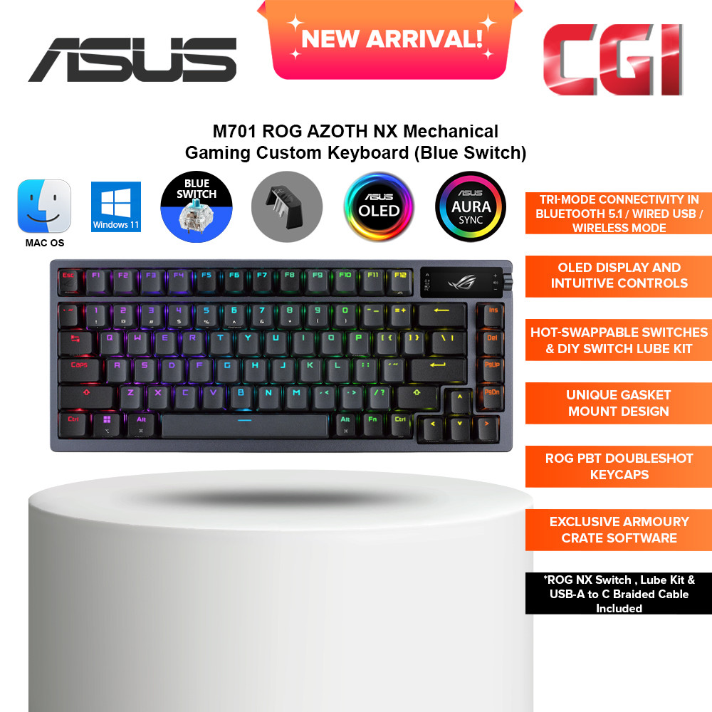 Asus M701 ROG Azoth OLED Display SpeedNova NX Mechanical Gaming Keyboard - Blue Switch