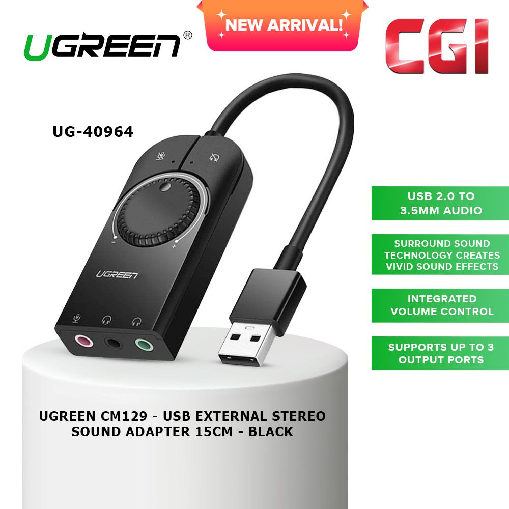 Ugreen (CM129) 40964 USB External Stereo Volume Adjust Sound Adapter (15m) - Black
