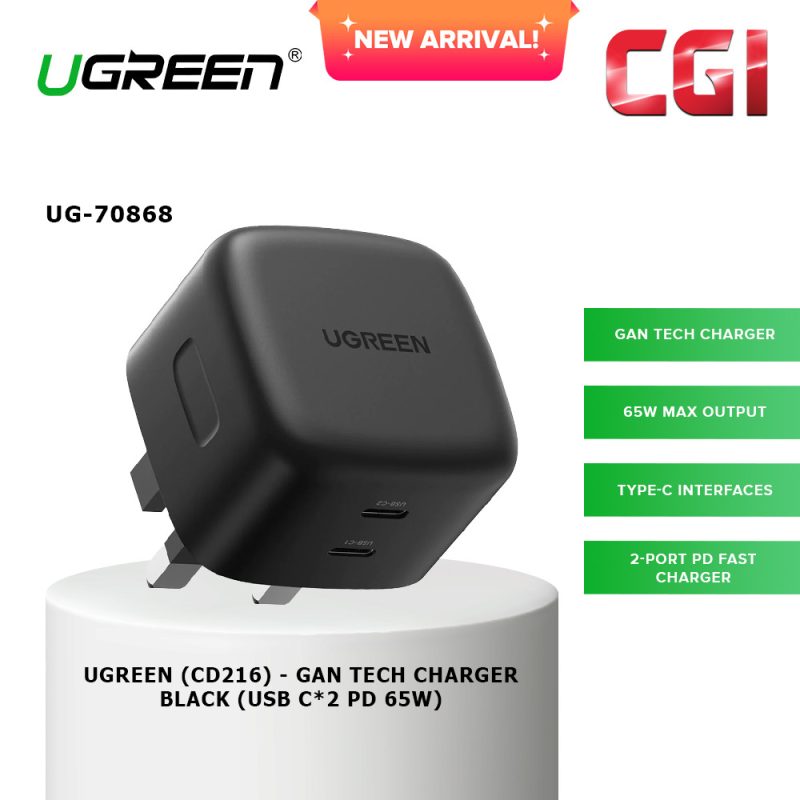 UGREEN (CD216) 70868 PD 65W USB C 2 Ports Gan Tech Charger - Black