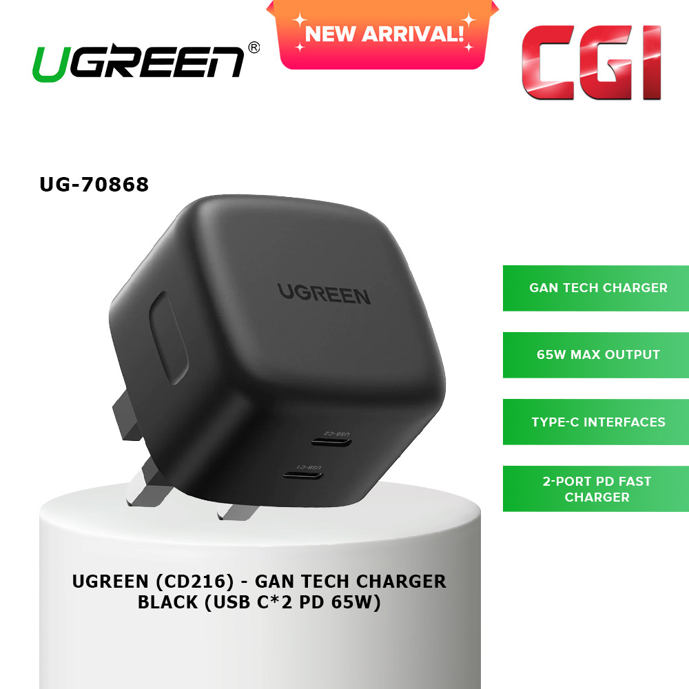 UGREEN (CD216) 70868 PD 65W USB C 2 Ports Gan Tech Charger - Black