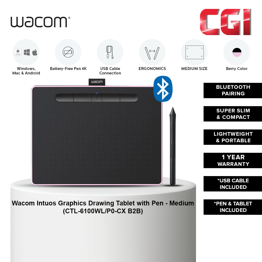 Wacom CTL-6100WL/P0-CX Intuos Medium Pen Tablet with Bluetooth - Berry