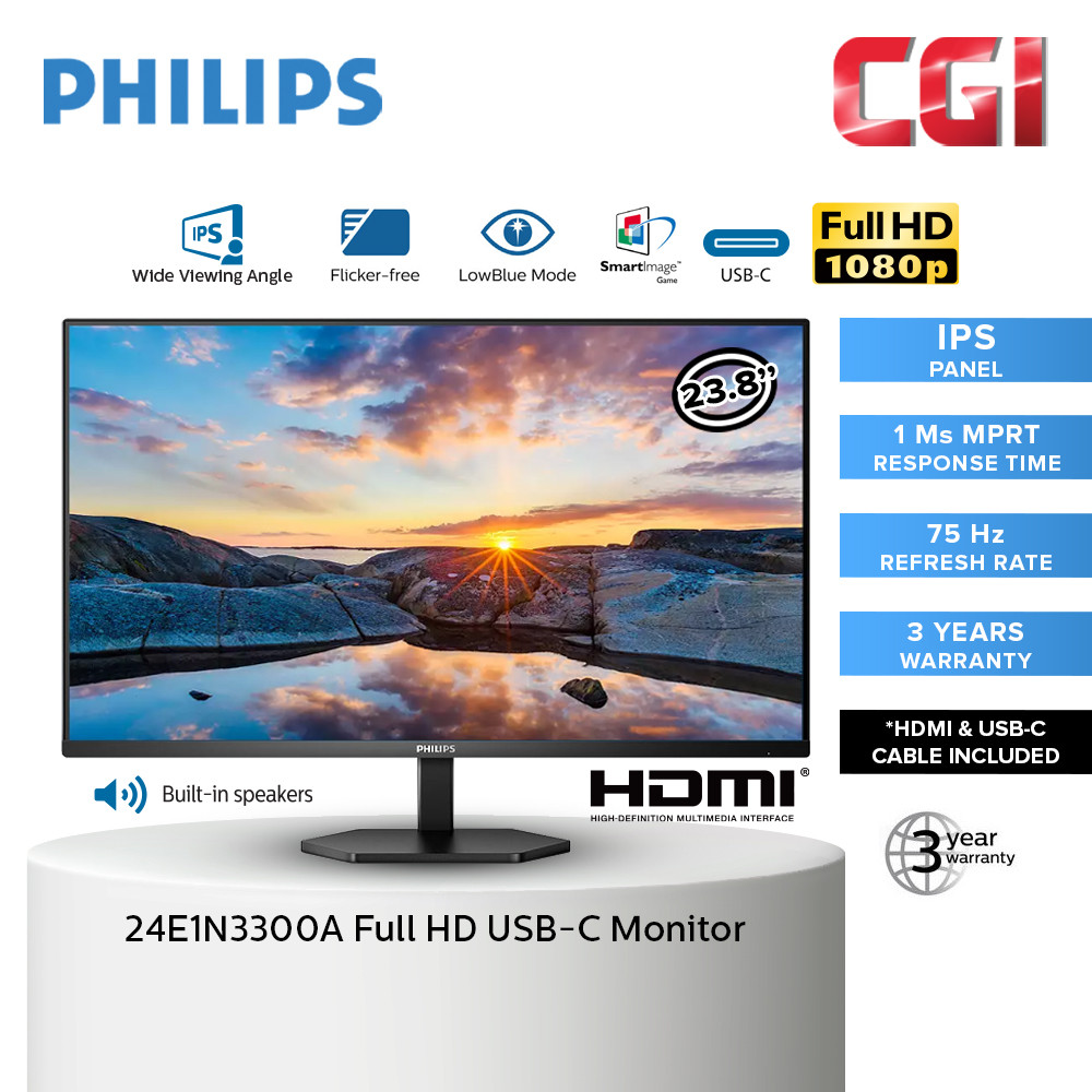 Philips 23.8" 24E1N3300A IPS FHD 75Hz 1ms Freesync Speaker USB-C Gaming Monitor