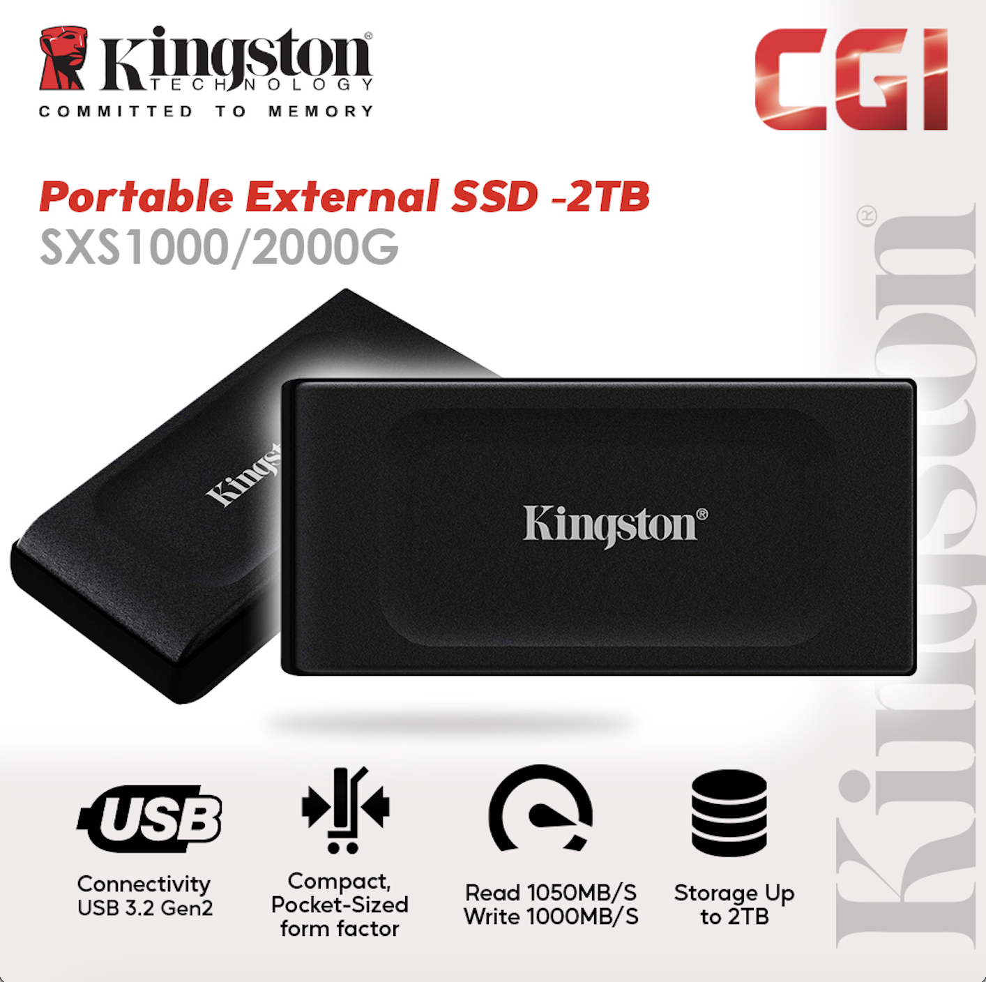 Kingston 2TB XS1000 USB 3.2 Gen 2 Pocket Sized Portable External SSD (SXS1000/2000G)