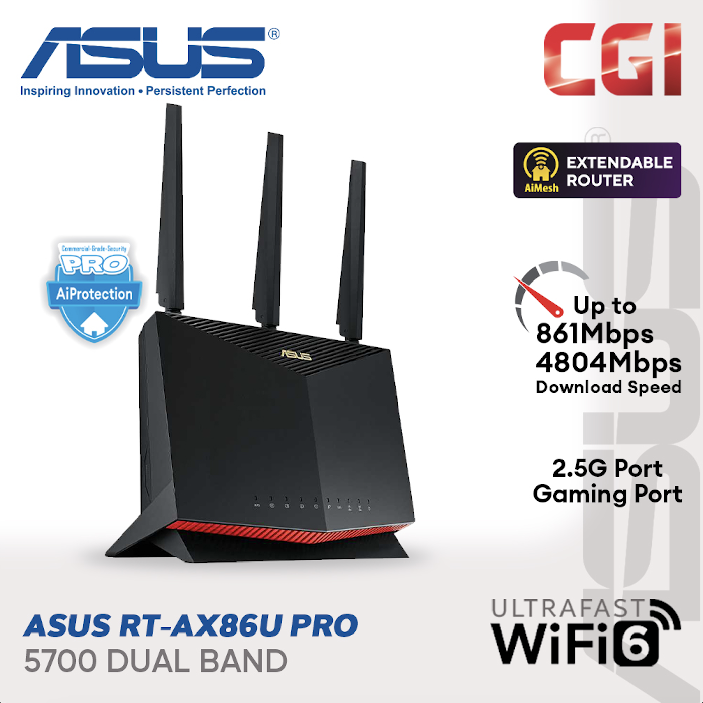 Asus RT-AX86U Pro AX5700 5700Mbps 2 Gbps 2.0GHz Quad-Core Dual Band WiFi 6 AiProtection Pro Extendable Gaming Router