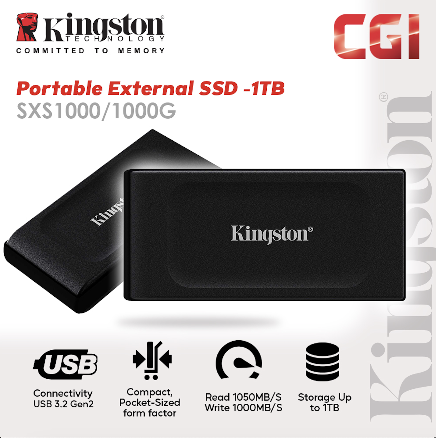 Kingston 1TB XS1000 USB 3.2 Gen 2 Pocket Sized Portable External SSD (SXS1000/1000G)
