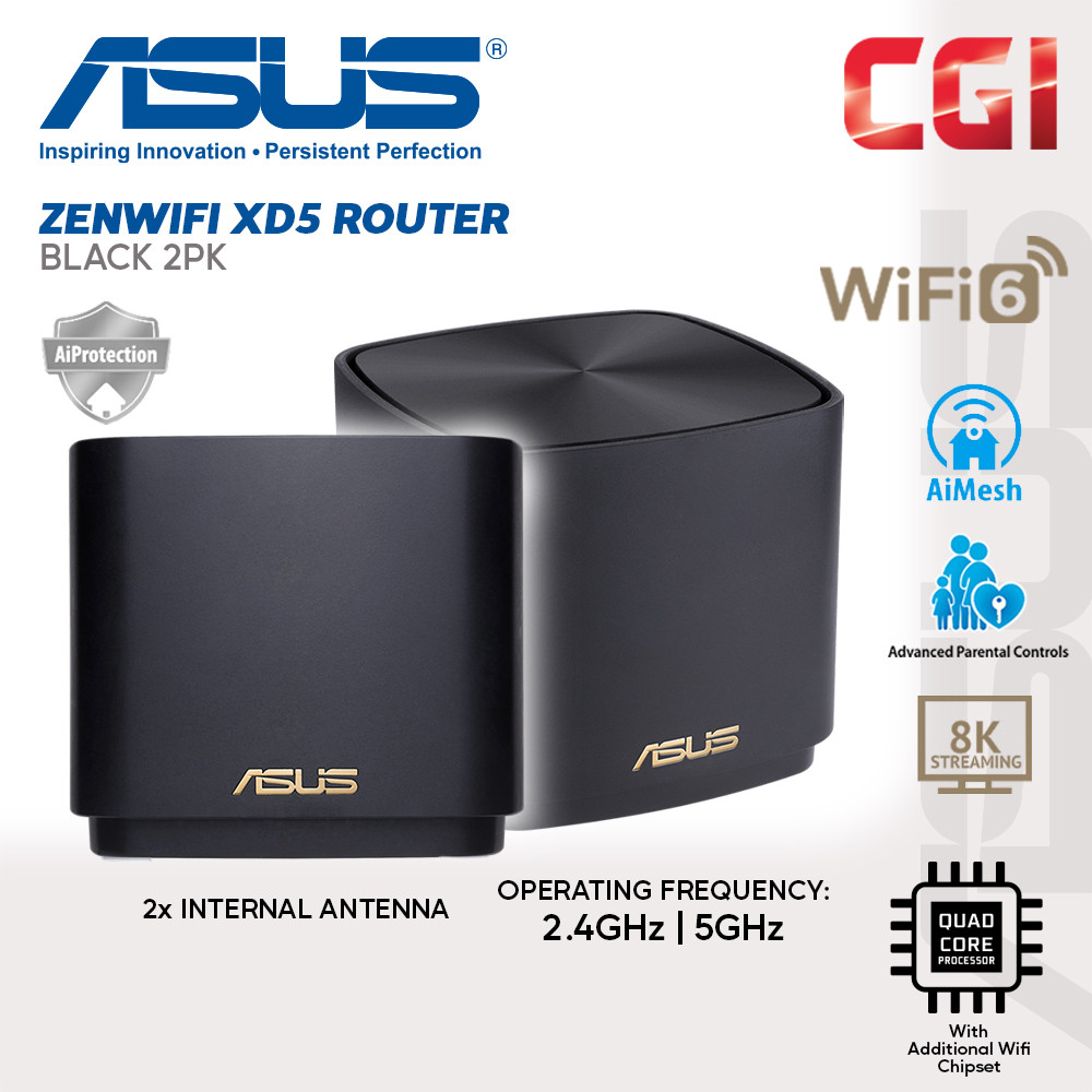 Asus ZenWiFi Ax Mini XD5 WiFi 6 160MHz 3000Mbps 5000Sq.ft. AiProtection AiMesh WiFi System - Black (2 Pack)