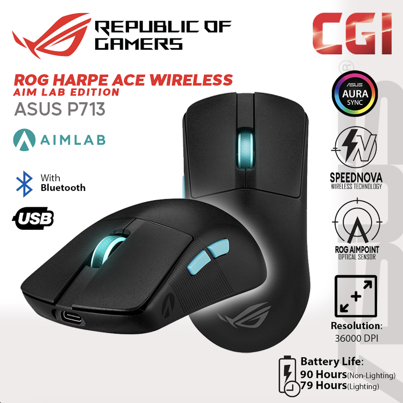 Asus P713 ROG Harpe Ace Aim Lab Edition Tri-Mode Aimpoint SpeedNova Ultra-Lightweight Wireless Gaming Mouse-Black