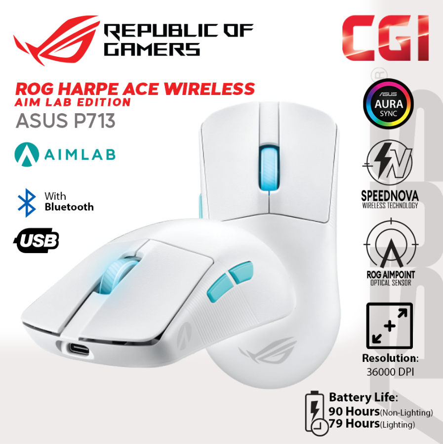 Asus P713 ROG Harpe Ace Aim Lab Edition Tri-Mode Aimpoint SpeedNova Ultra-Lightweight Wireless Gaming Mouse - Moonlight White
