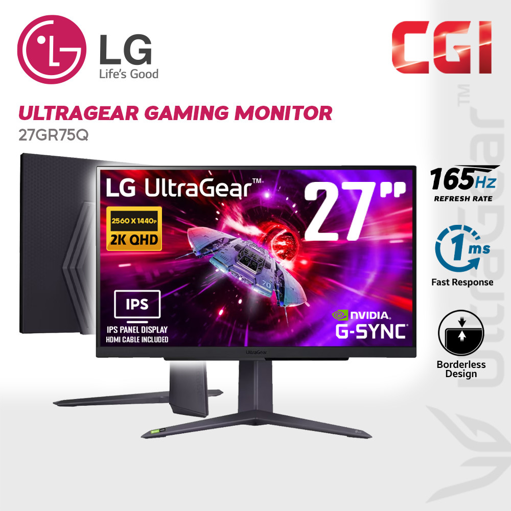 LG 27" 27GR75Q IPS QHD 165Hz 1ms HDR10 Freesync Gsync Ergonomic Borderless Ultragear Gaming Monitor