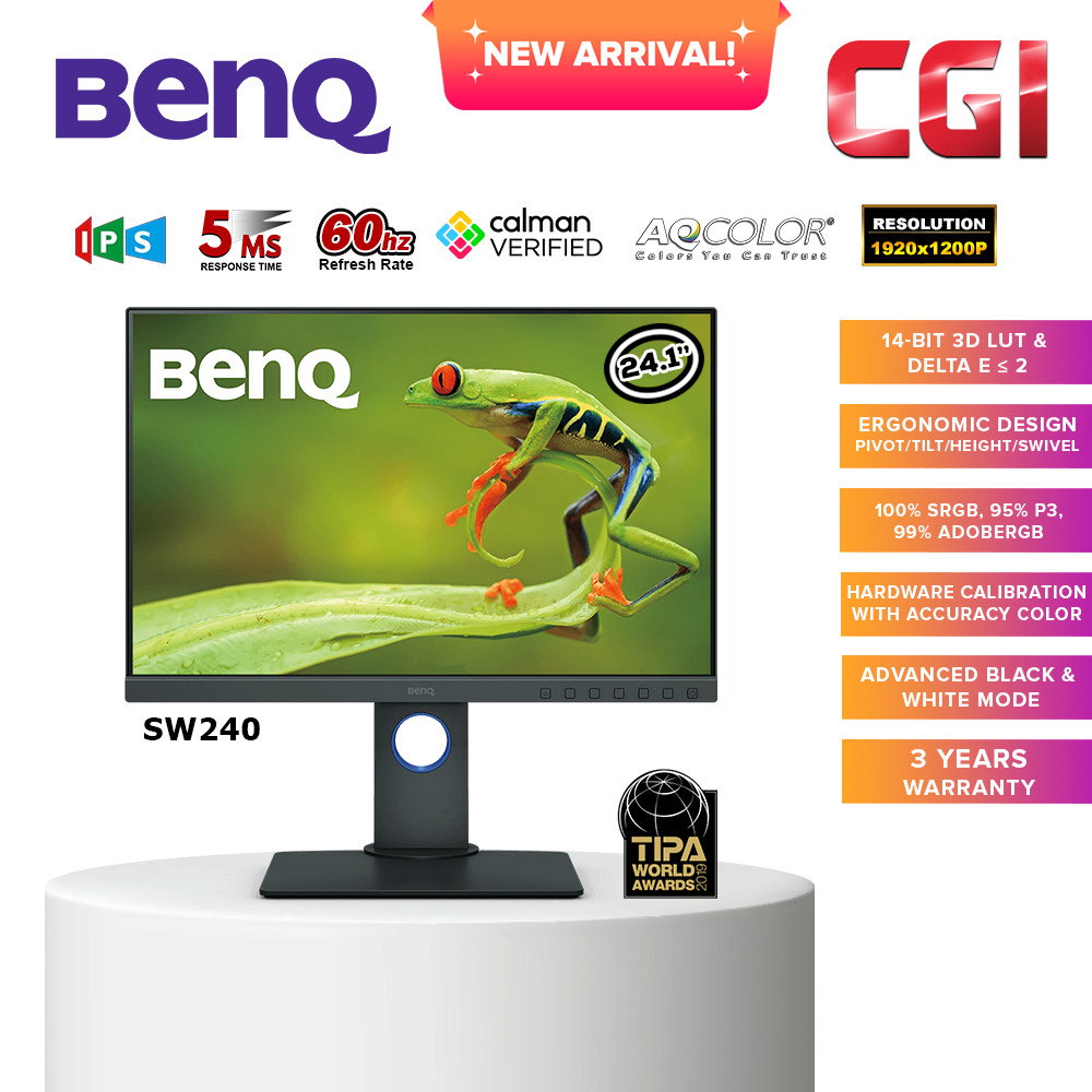 BenQ 24.1" SW240 AQCOLOR HD IPS 60Hz 5ms 100% sRGB 95% P3 99% AdobeRGB Ergonomic Photographer Monitor
