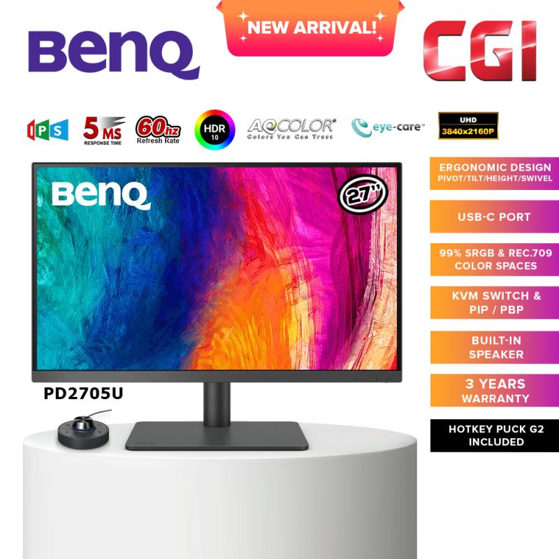 BenQ 27" PD2705U AQ COLOR IPS 4K UHD 60Hz 5ms HDR10 99% sRGB Rec.709 PIP PBP USB C Ergonomic Designer Monitor