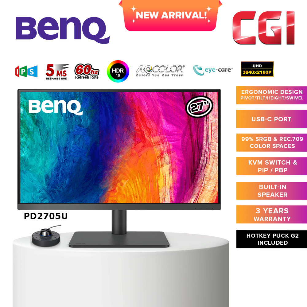 BenQ 27" PD2705U AQ COLOR IPS 4K UHD 60Hz 5ms HDR10 99% sRGB Rec.709 PIP PBP USB C Ergonomic Designer Monitor
