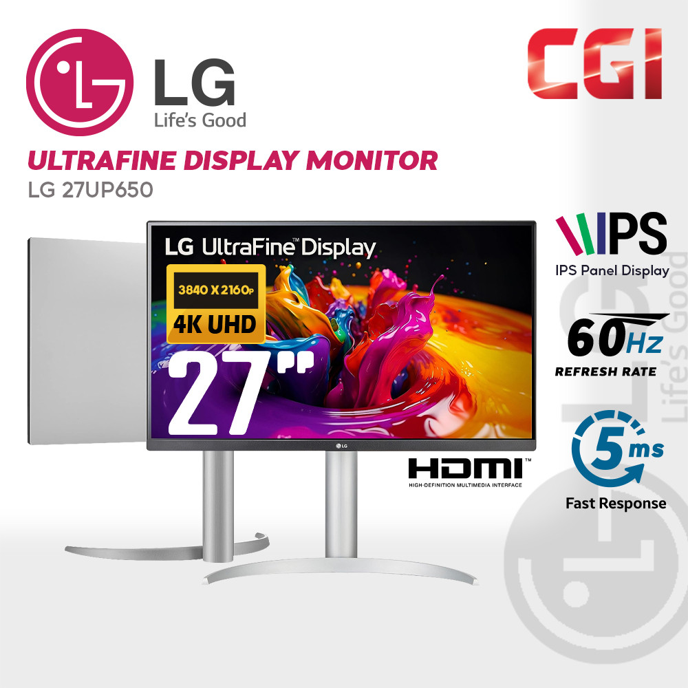 LG 27" 27UP650 IPS 4K UHD HDR10 Freesync 60Hz 5ms HDR400 Borderless Ergonomic Monitor