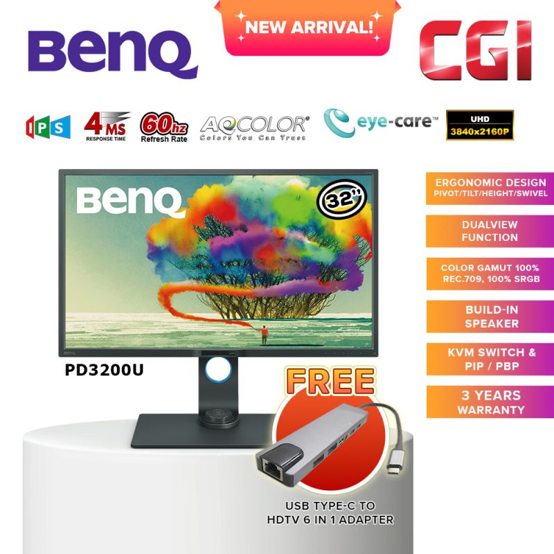 BenQ 32" PD3200U AQCOLOR 4K UHD IPS 60Hz 4ms 100% Rec.709 100% sRGB PIP PBP EyeCare Ergonomic Designer Monitor