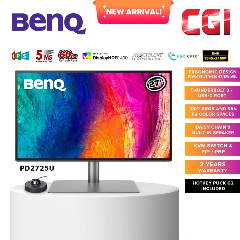 BenQ 27" PD2725U AQCOLOR 4K UHD IPS 60Hz 5ms 100% sRGB 95% P3 DisplayHDR400 HDR10 Thunderbolt 3 Ergonomic Designer Monitor