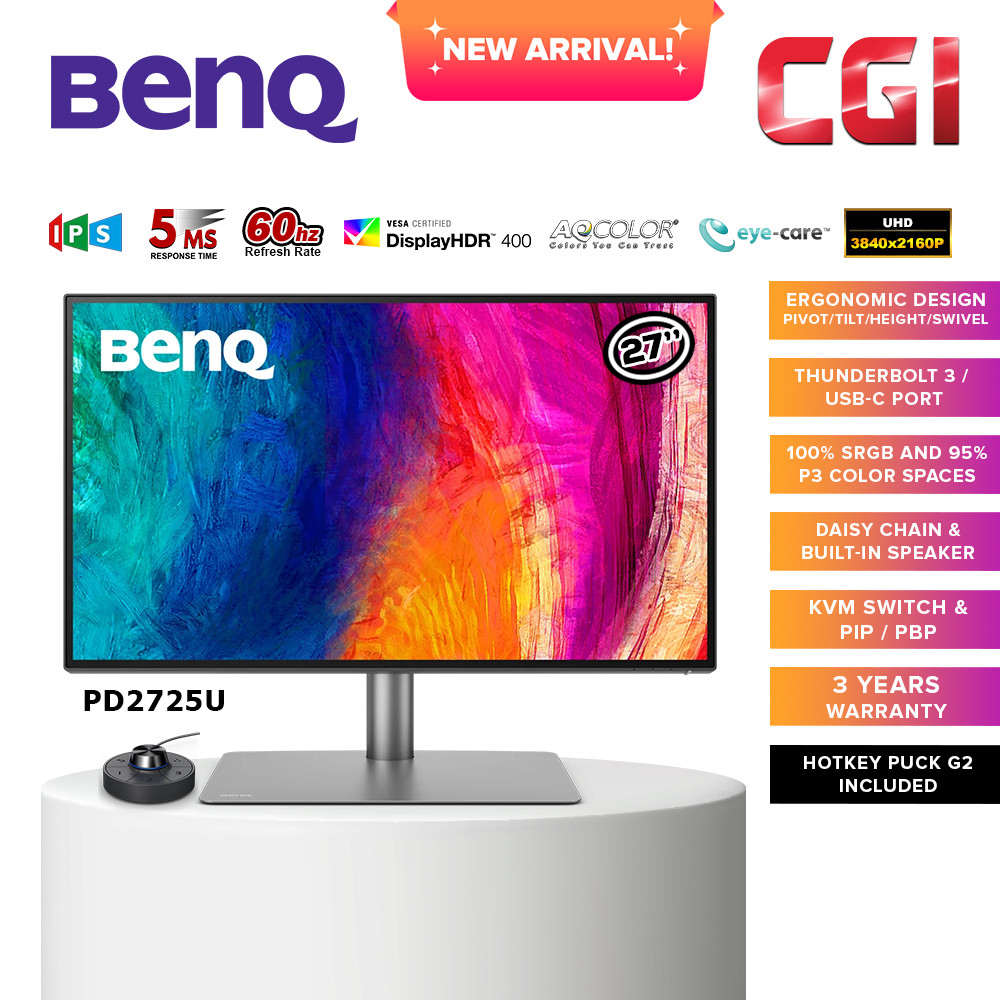 BenQ 27" PD2725U AQCOLOR 4K UHD IPS 60Hz 5ms 100% sRGB 95% P3 DisplayHDR400 HDR10 Thunderbolt 3 Ergonomic Designer Monitor