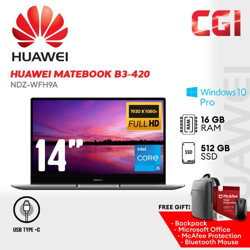 Huawei 14'' Matebook B3-420 i5-1135G7 16GB 512GB FHD IPS W10P 2Y WRNTY With Office - 53012ANU (Space Grey)