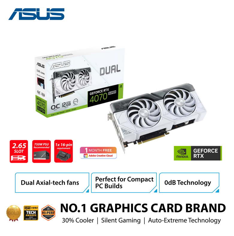 ASUS Dual GeForce RTX™ 4070 SUPER White OC Edition 12GB GDDR6X with two powerful Axial-tech fans and a 2.56-slot design for broad compatibility