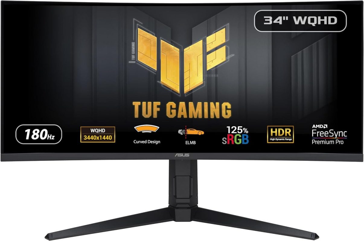 Asus 34" TUF Gaming VG34VQL3A VA QHD HDR10 Freesync Premium Pro Adaptive Sync 180Hz 1ms HDR Ultrawide Curved Ergonomic Gaming Monitor