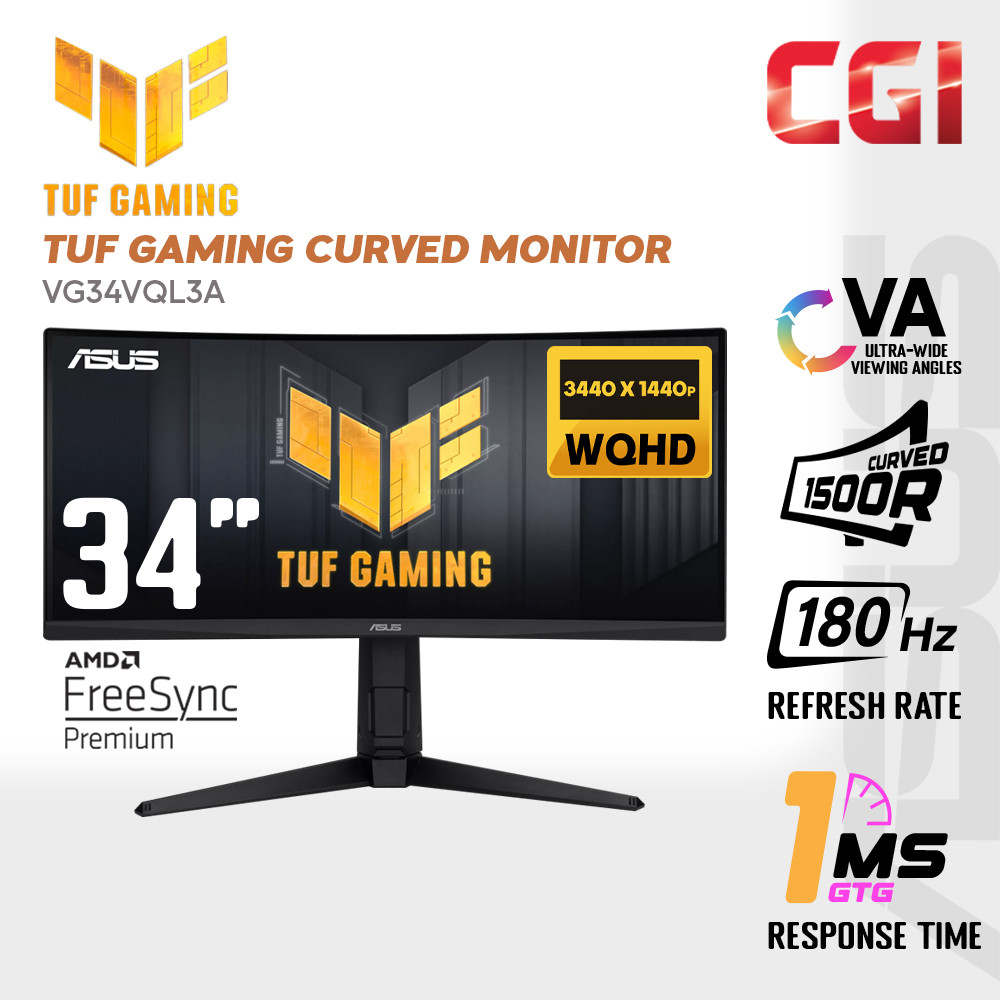 Asus 34" TUF Gaming VG34VQL3A VA QHD HDR10 Freesync Premium Pro Adaptive Sync 180Hz 1ms HDR Ultrawide Curved Ergonomic Gaming Monitor