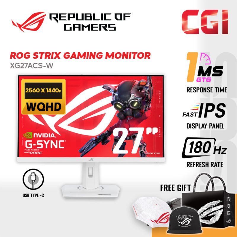Asus 27" ROG Strix XG27ACS-W Fast IPS WQHD HDR400 GSync Adaptive Sync 180Hz 1ms Type C Ergonomic White Gaming Monitor