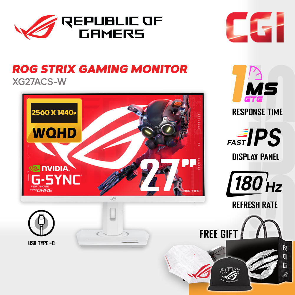 Asus 27" ROG Strix XG27ACS-W Fast IPS WQHD HDR400 GSync Adaptive Sync 180Hz 1ms Type C Ergonomic White Gaming Monitor