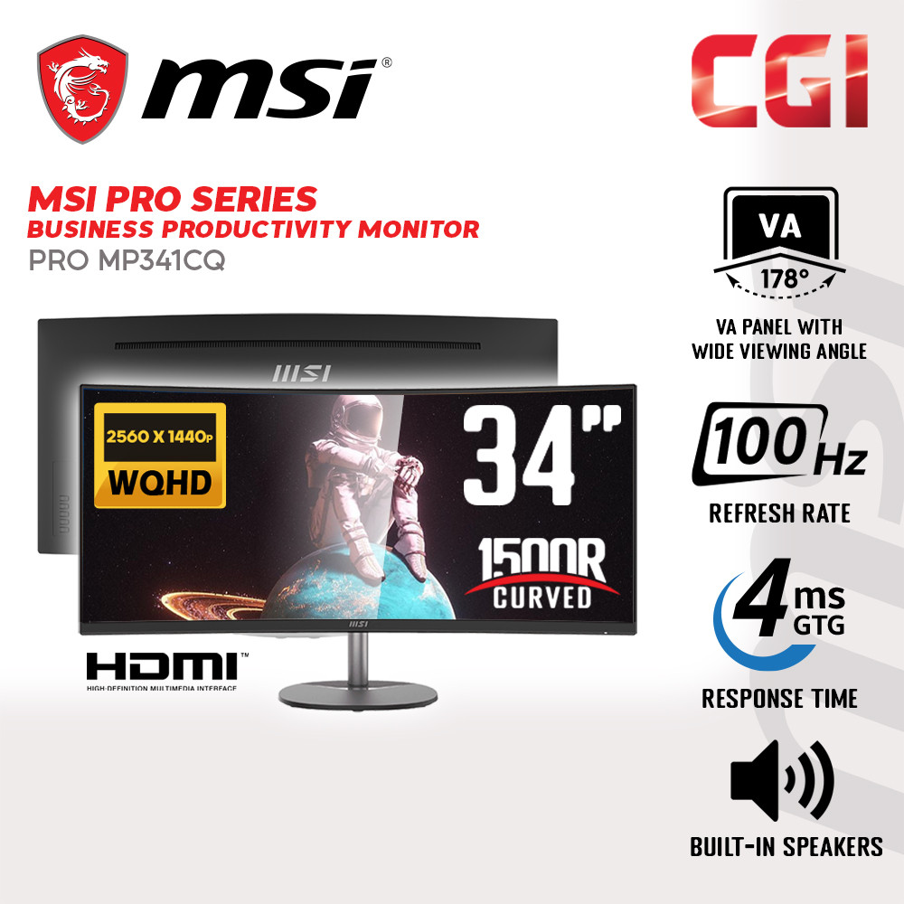 MSI 34" PRO MP341CQ VA UWQHD Freesync 100Hz 4ms Build-In Speaker Curved Gaming Monitor
