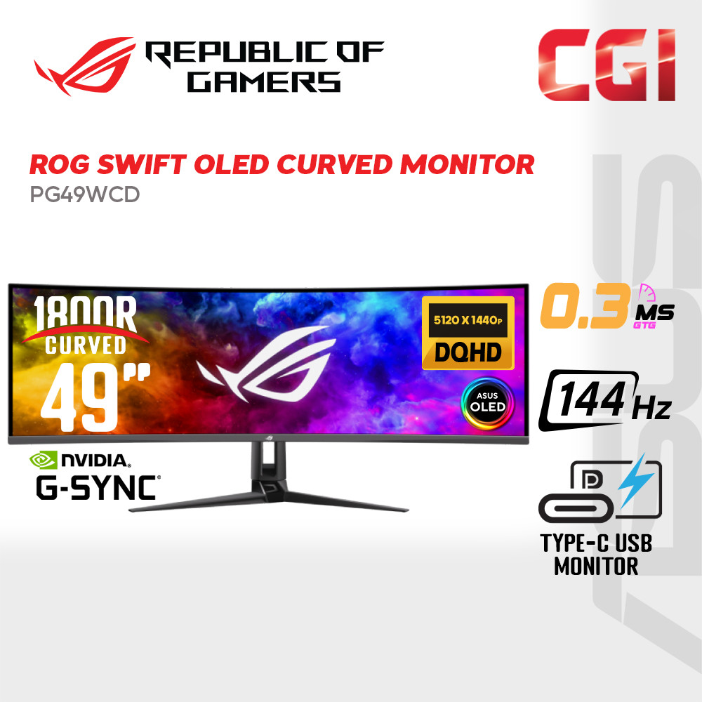 Asus 49" ROG Swift PG49WCD QD-OLED DQHD HDR400 Gsync 144Hz 0.03ms Delta E<2 Curved Type C Super Ultrawide Ergonomic Gaming Monitor