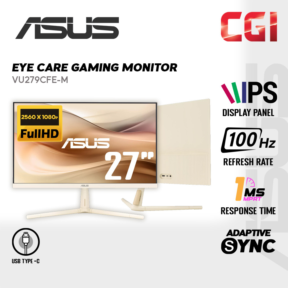Asus 27" VU279CFE IPS FHD 100Hz 1ms Adaptive Sync Type-C Height Adjustable Eye Care Gaming Monitor - Oat Milk