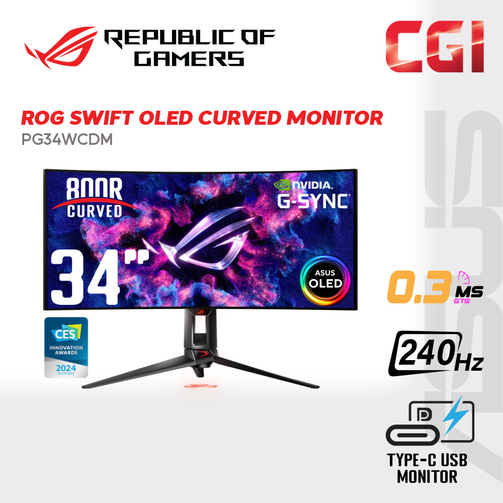 Asus 33.9" ROG Swift OLED PG34WCDM UWQHD HDR400 GSync Adaptive Sync 240Hz 0.03ms Delta E<2 Type-C Curved Ultrawide Ergonomic Gaming Monitor