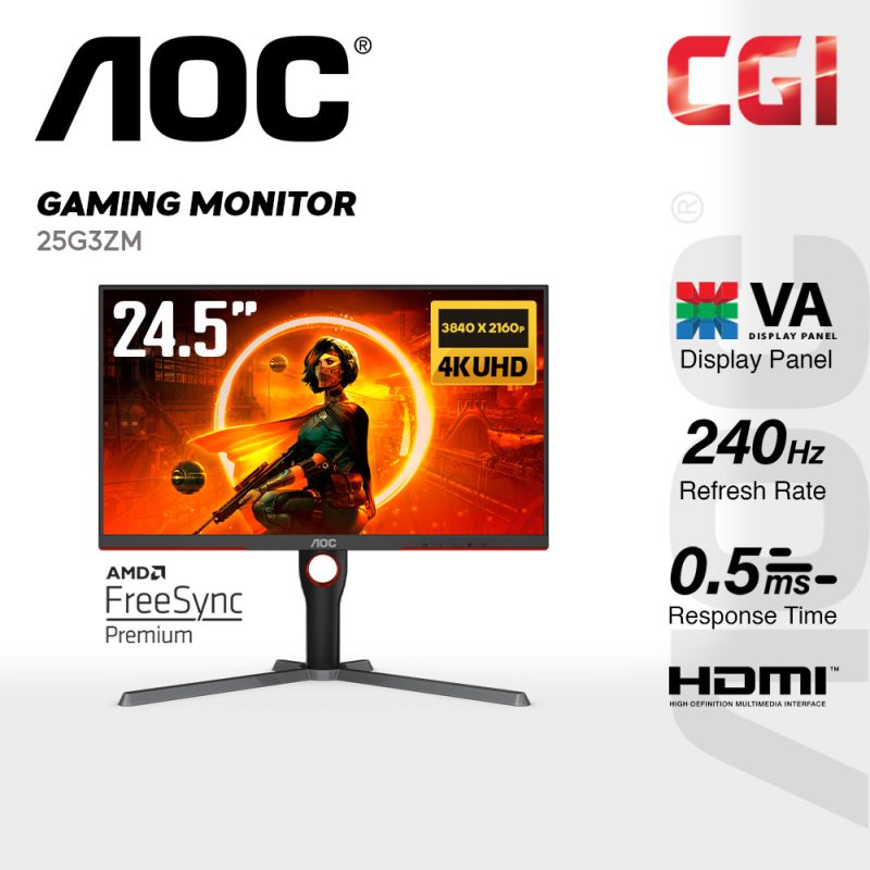 AOC 24.5" 25G3ZM VA FHD Freesync Premium Adaptive Sync 240Hz 0.5ms Frameless Ergonomic Gaming Monitor