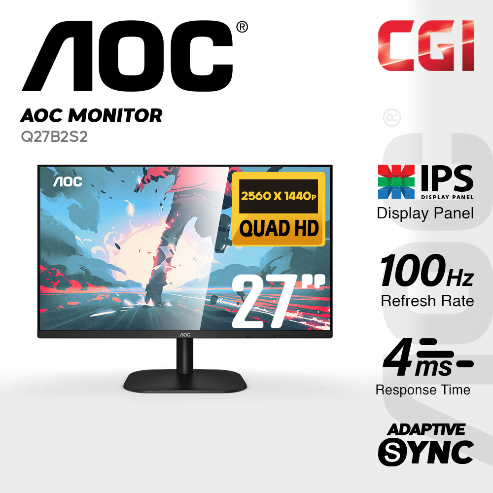 AOC 27" Q27B2S2 IPS QHD Adaptive Sync 100Hz 4ms 3-Side Frameless Monitor