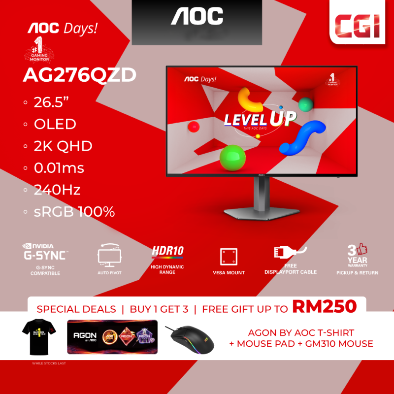 AOC 26.5" AGON Pro AG276QZD OLED QHD HDR10 Delta E< 2 GSync 240Hz 0.01ms Build-In Speaker Ergonomic Gaming Monitor