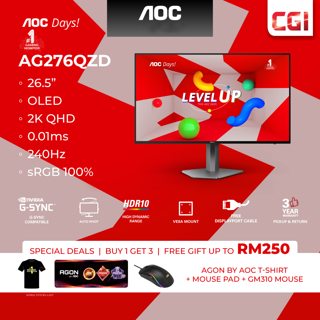 AOC 26.5" AGON Pro AG276QZD OLED QHD HDR10 Delta E< 2 GSync 240Hz 0.01ms Build-In Speaker Ergonomic Gaming Monitor