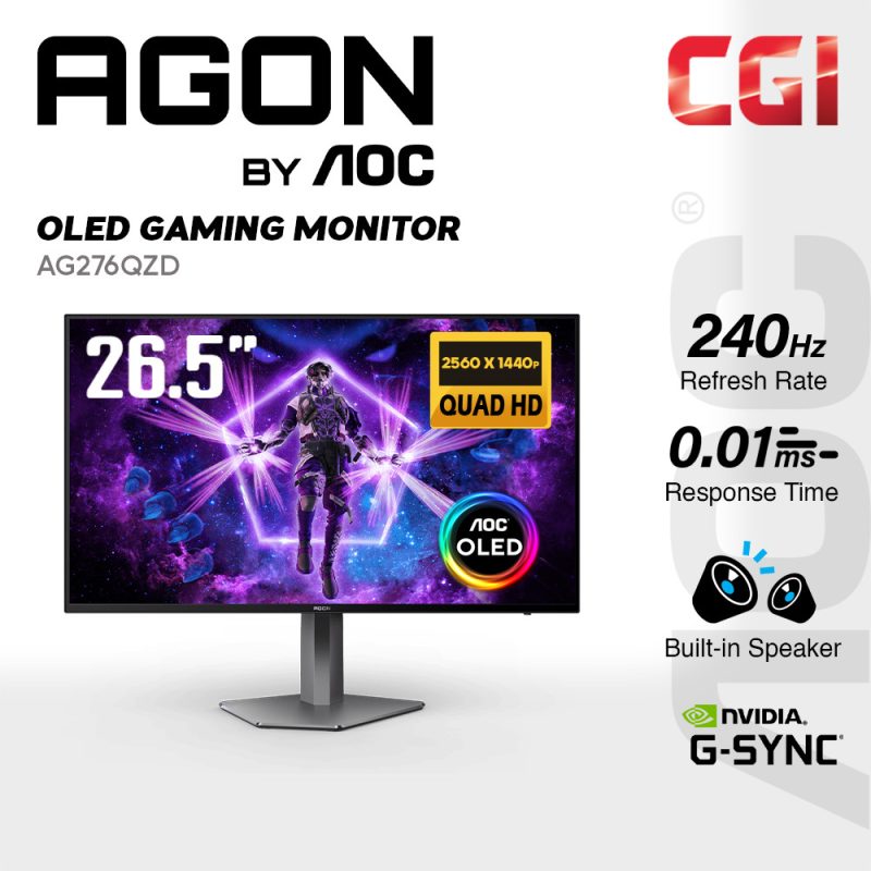 AOC 26.5" AGON Pro AG276QZD OLED QHD HDR10 Delta E< 2 GSync 240Hz 0.01ms Build-In Speaker Ergonomic Gaming Monitor