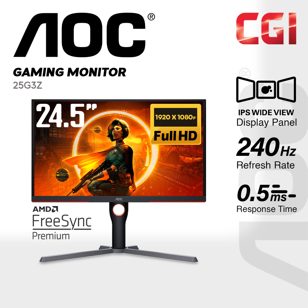 AOC 24.5" 25G3Z IPS FHD HDR400 Freesync Premium 240Hz 0.5ms Flicker Free Ergonomic Frameless Gaming Monitor