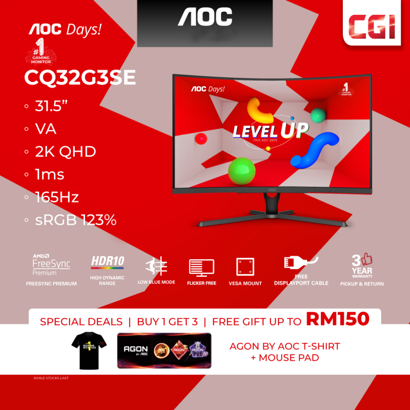 AOC 31.5" CQ32G3SE VA QHD HDR10 Freesync Premium 165Hz 1ms Curved Gaming Monitor