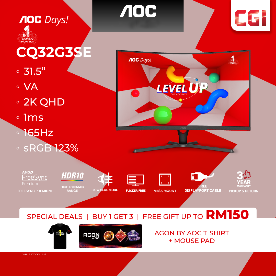 AOC 31.5" CQ32G3SE VA QHD HDR10 Freesync Premium 165Hz 1ms Curved Gaming Monitor