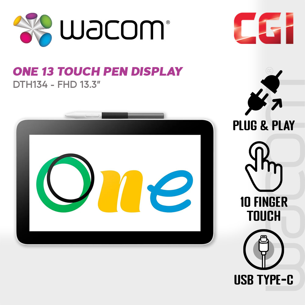 Wacom 13.3" DTH134 IPS FHD LCD USB-C HDMI Signature Touch Display Tablet with Wacom One Standard Pen